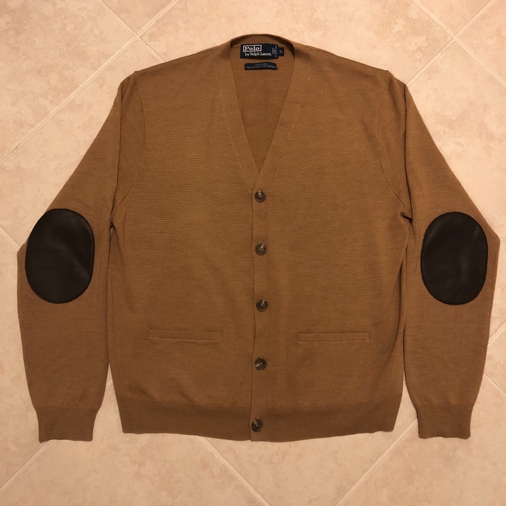 Polo Ralph Lauren 100% wool cardigan elbow patch L